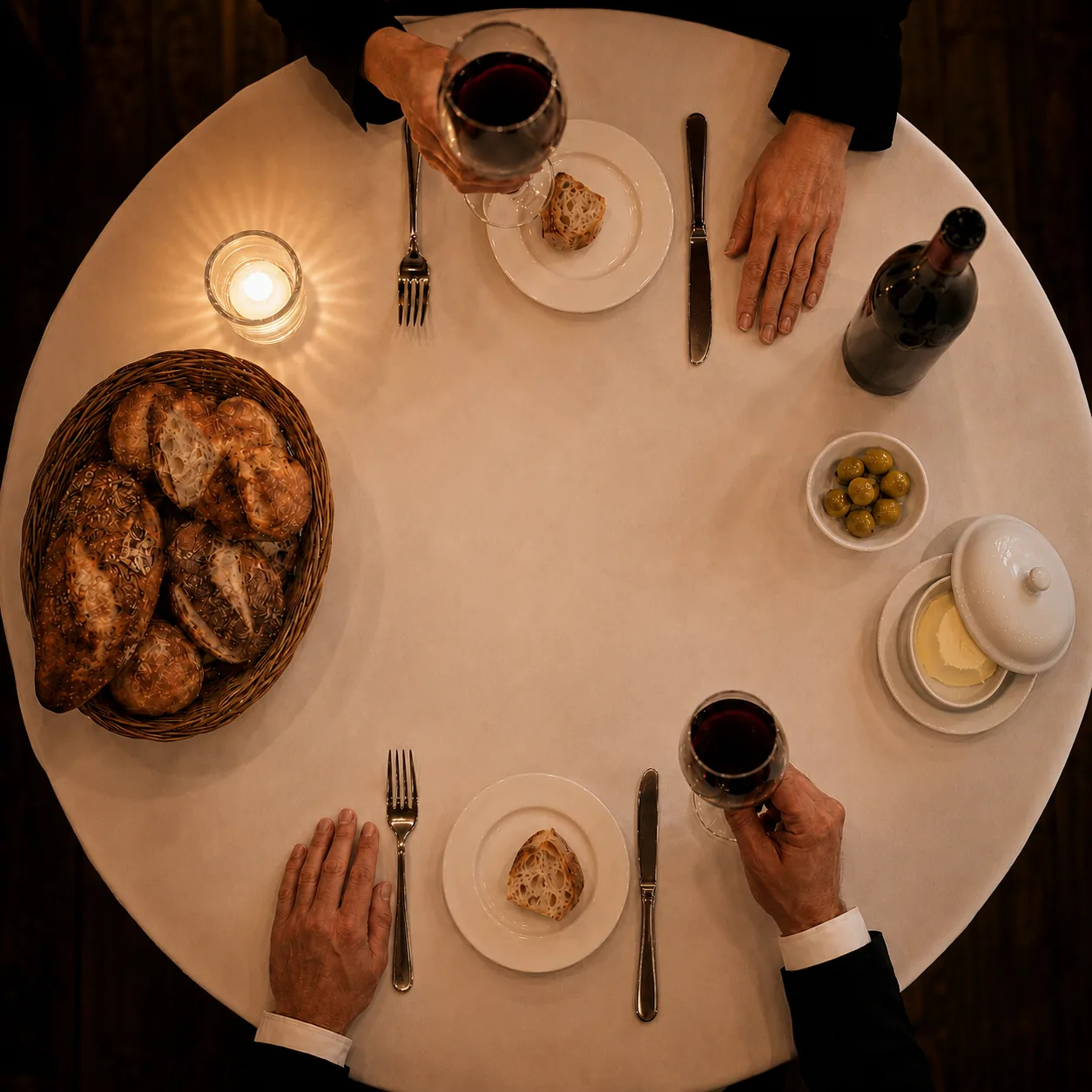 Mesa de bistrô vista de cima com taças de vinho e couvert